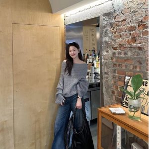 Twisted Knit Off-Shoulder Pullover Sweater - Spring Loose Fit Lazy Style Trendy Fashion for Women