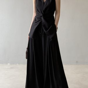 Twisted Sleeveless Shirt & Wide-Leg Pants Two-Piece Set for Women, Casual Summer 2025 Outfit, Boho Style Floor-Length Trousers