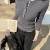 Two-Color Striped Knitted Henley Shirt - Sleek Minimalist Office Siren Style for Modern Chic Fashion