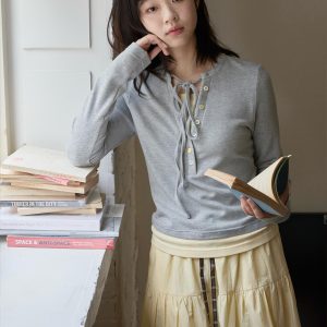 Two-Piece Lace-Up Top with Fitted Long Sleeve T-Shirt - Trendy Y2K Style Layered Look