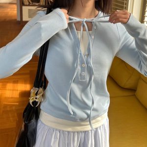 Two-Piece Lace-Up Top with Fitted Long Sleeve T-Shirt - Trendy Y2K Style Layered Look