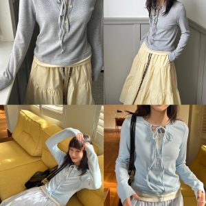 Two-Piece Lace-Up Top with Fitted Long Sleeve T-Shirt - Trendy Y2K Style Layered Look