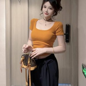 U-Neck Ruched Short Sleeve T-Shirt for Women - Slimming Summer Top, Tight-Fitting, Versatile Style for Spicy Girl Vibes