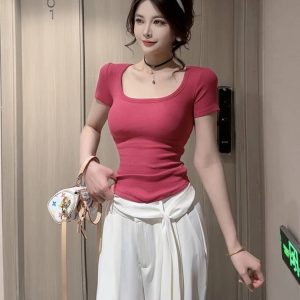 U-Neck Ruched Short Sleeve T-Shirt for Women - Slimming Summer Top, Tight-Fitting, Versatile Style for Spicy Girl Vibes
