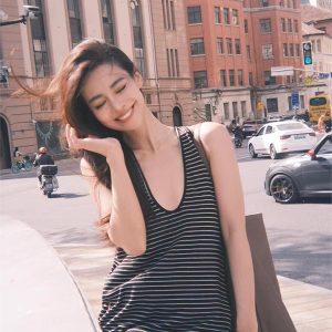 U-Neck Striped Sling Dress - Casual Vacation Style, Relaxed Fit, Long Skirt, Versatile Fashion for Summer Getaways
