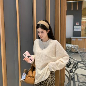 Ukiyo-e 3D Textured Striped Milk White Long Sleeve Top Women's T-Shirt - Casual Korean Style