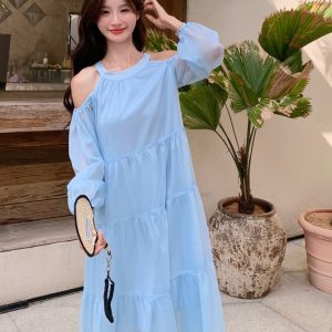 Ultra-Fairy Off-Shoulder Blue Dress for Women - French Style Summer 2025, Elegant Sweet Youthful Fashion