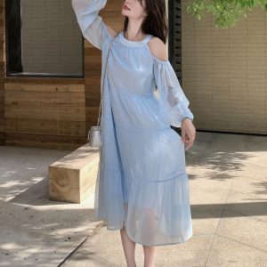 Ultra-Fairy Off-Shoulder Blue Dress for Women - French Style Summer 2025, Elegant Sweet Youthful Fashion