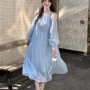 Ultra-Fairy Off-Shoulder Blue Dress for Women - French Style Summer 2025, Elegant Sweet Youthful Fashion