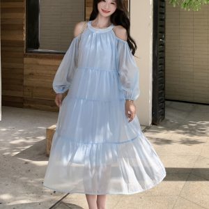 Ultra-Fairy Off-Shoulder Blue Dress for Women - French Style Summer 2025, Elegant Sweet Youthful Fashion