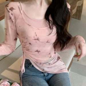 Unique Butterfly Print Mesh Long Sleeve Women's Vest Top & Irregular Drawstring Two-Piece Set for Sun Protection - Trendy Summer Style