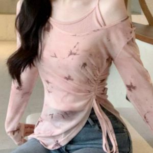 Unique Butterfly Print Mesh Long Sleeve Women's Vest Top & Irregular Drawstring Two-Piece Set for Sun Protection - Trendy Summer Style