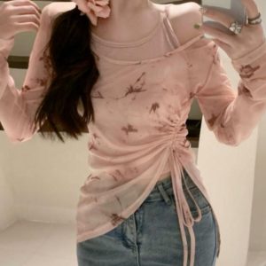 Unique Butterfly Print Mesh Long Sleeve Women's Vest Top & Irregular Drawstring Two-Piece Set for Sun Protection - Trendy Summer Style