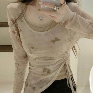 Unique Butterfly Print Mesh Long Sleeve Women's Vest Top & Irregular Drawstring Two-Piece Set for Sun Protection - Trendy Summer Style