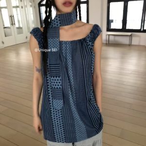 Unique Retro Vertical Stripe Check Polka Dot Patchwork Irregular Sleeveless Dress - Casual Versatile Y2K Style Fashion