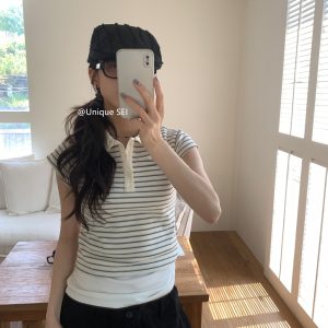 Unique Summer Korean Style College Striped Slim Fit Casual Short Sleeve Polo T-Shirt for Women