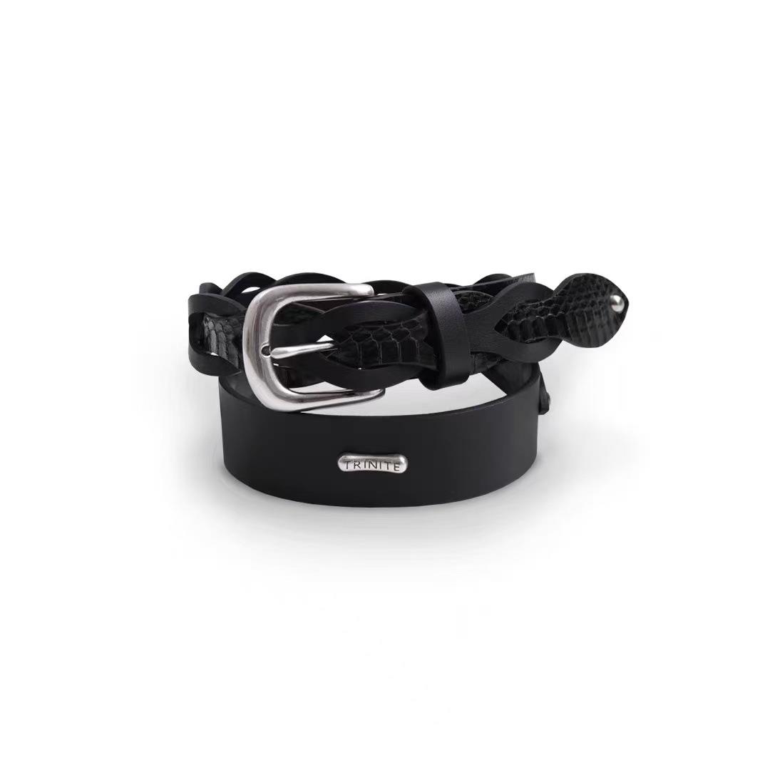 Unisex Black Alien Woven Belt with Natural Snake Skin and Cowhide Decoration - Trendy 90s and Y2K Style Accessory