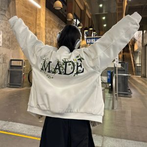 Unisex Floral Embroidery Baseball Jacket - Thickened Cotton Winter Coat, Trendy Amoeba Design