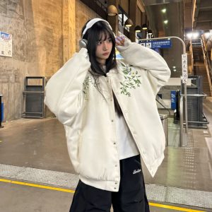 Unisex Floral Embroidery Baseball Jacket - Thickened Cotton Winter Coat, Trendy Amoeba Design