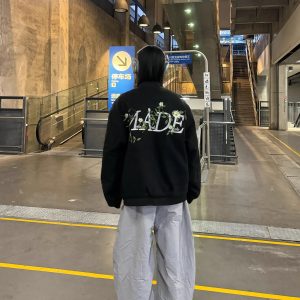 Unisex Floral Embroidery Baseball Jacket - Thickened Cotton Winter Coat, Trendy Amoeba Design