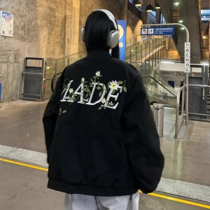 Unisex Floral Embroidery Baseball Jacket - Thickened Cotton Winter Coat, Trendy Amoeba Design