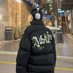Unisex Floral Embroidery Cotton Puffer Jacket - Loose Fit, Thick Winter Coat, National Trend, Warm Outerwear