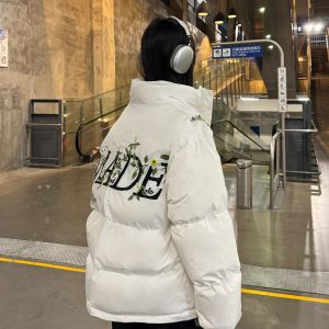 Unisex Floral Embroidery Cotton Puffer Jacket - Loose Fit, Thick Winter Coat, National Trend, Warm Outerwear