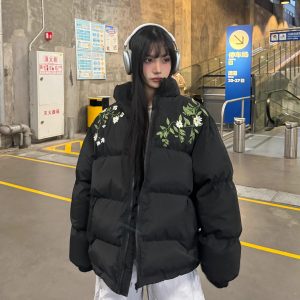 Unisex Floral Embroidery Cotton Puffer Jacket - Loose Fit, Thick Winter Coat, National Trend, Warm Outerwear