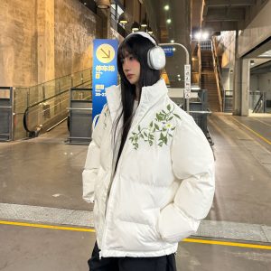 Unisex Floral Embroidery Cotton Puffer Jacket - Loose Fit, Thick Winter Coat, National Trend, Warm Outerwear