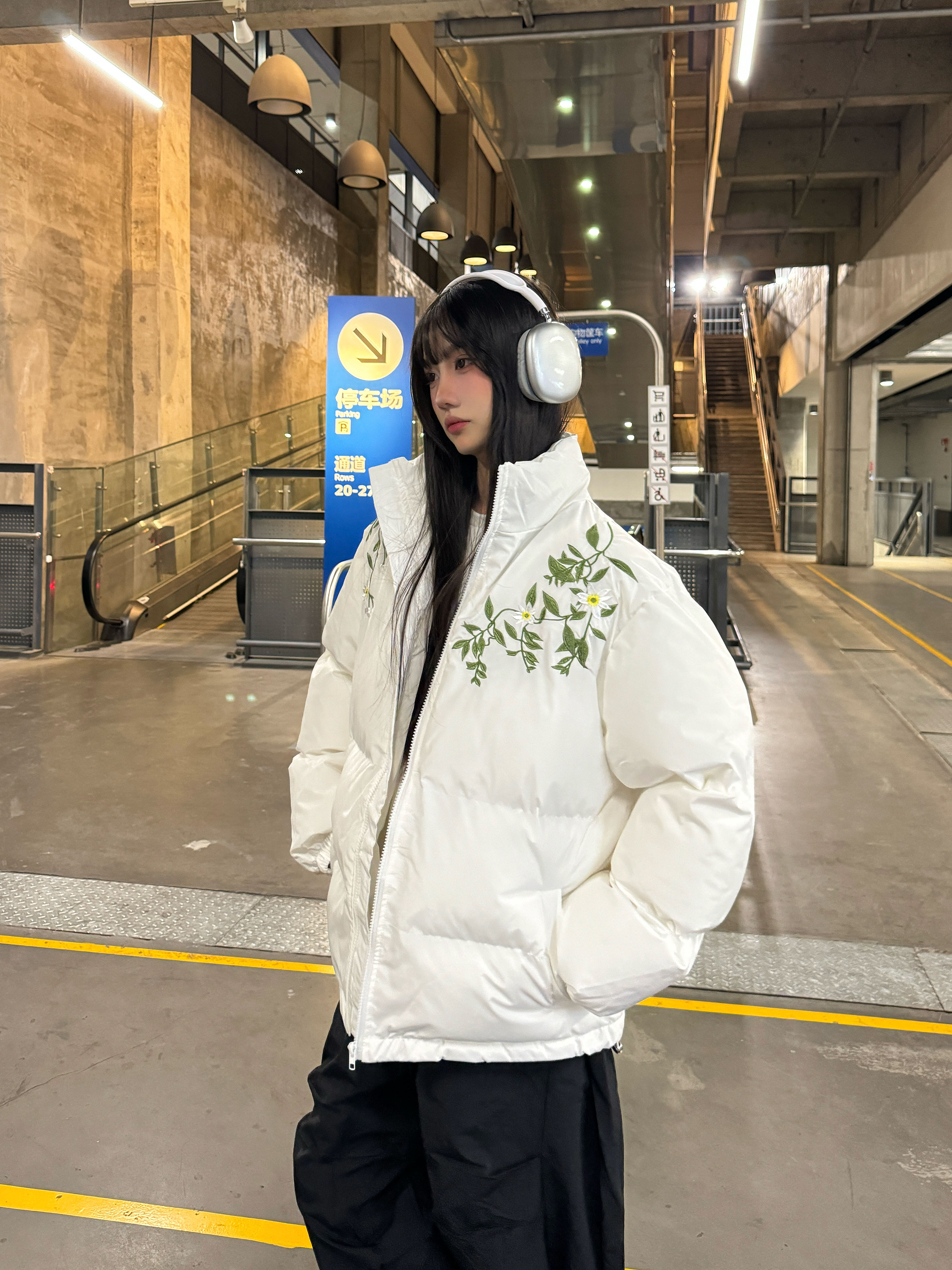 Unisex Floral Embroidery Cotton Puffer Jacket - Loose Fit, Thick Winter Coat, National Trend, Warm Outerwear
