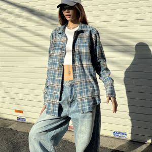 Unisex Loose Fit Plaid Shirt in American Retro Street Style - Casual and Trendy for 90s and Y2K Fashion Lovers