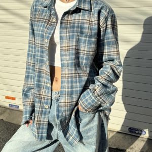 Unisex Loose Fit Plaid Shirt in American Retro Street Style - Casual and Trendy for 90s and Y2K Fashion Lovers