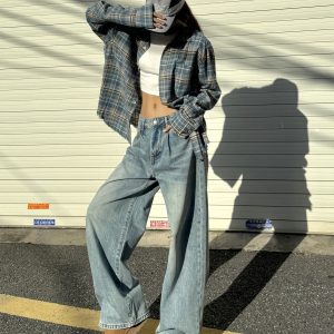 Unisex Loose Fit Plaid Shirt in American Retro Street Style - Casual and Trendy for 90s and Y2K Fashion Lovers