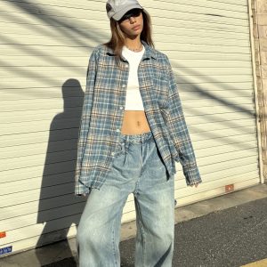 Unisex Loose Fit Plaid Shirt in American Retro Street Style - Casual and Trendy for 90s and Y2K Fashion Lovers