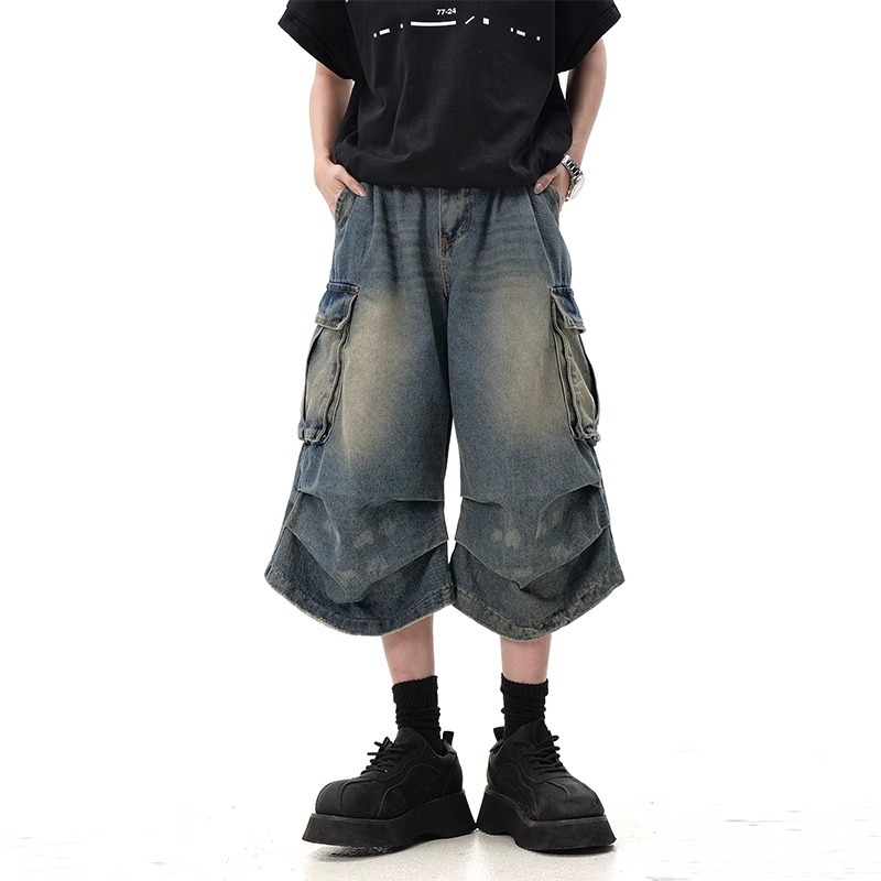 Unisex Multi-Pocket Pleated Denim Shorts - Loose Straight Leg, Washed & Distressed, Casual Summer Workwear, 7/8 Length