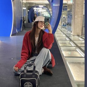 Unisex Red Ribbed Zip-Up Hooded Knit Jacket - Minimalist Autumn Winter Style, Loose Fit, Unique Design