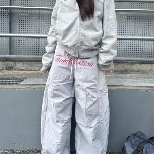 Unisex Retro American Letter Embroidery Fleece Wide-Leg Casual Pants with Pleats and Drawstring - 90s Inspired Style