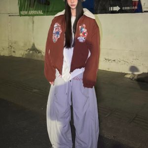 Unisex Retro American Letter Embroidery Fleece Wide-Leg Casual Pants with Pleats and Drawstring - 90s Inspired Style