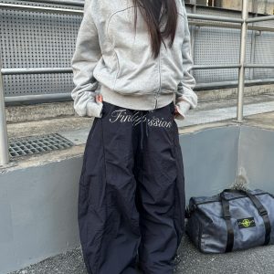 Unisex Retro American Letter Embroidery Fleece Wide-Leg Casual Pants with Pleats and Drawstring - 90s Inspired Style