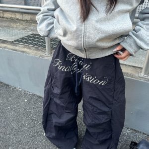 Unisex Retro American Letter Embroidery Fleece Wide-Leg Casual Pants with Pleats and Drawstring - 90s Inspired Style