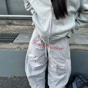 Unisex Retro American Letter Embroidery Fleece Wide-Leg Casual Pants with Pleats and Drawstring - 90s Inspired Style