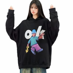 Unisex Retro Cartoon Hoodie with Fun Amoeba Print - Oversized Autumn Sweatshirt for Skateboard and Street Style