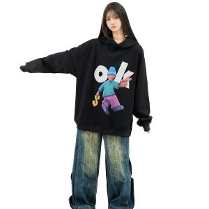 Unisex Retro Cartoon Hoodie with Fun Amoeba Print - Oversized Autumn Sweatshirt for Skateboard and Street Style