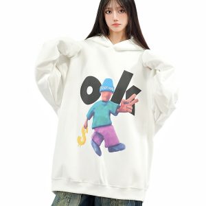 Unisex Retro Cartoon Hoodie with Fun Amoeba Print - Oversized Autumn Sweatshirt for Skateboard and Street Style