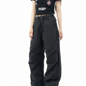 Unisex Retro Drawstring Cargo Pants - American Style, Straight Leg Wide-Leg, Pleated Loose Casual Workwear