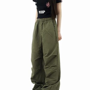 Unisex Retro Drawstring Cargo Pants - American Style, Straight Leg Wide-Leg, Pleated Loose Casual Workwear