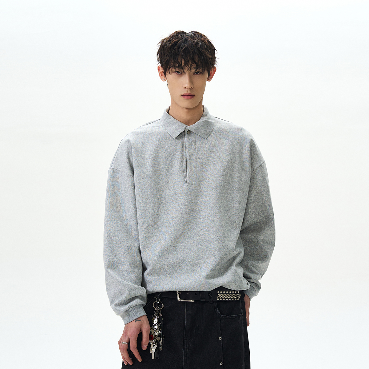 Unisex Retro Polo Collar Long Sleeve Sweatshirt - American Street Style Clean Fit, Versatile Loose Top