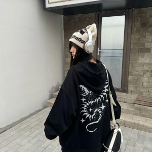 Unisex Snake Year Skeleton Print Hoodie Jacket - Limited Edition Spring Zipper Cardigan in Trendy Amoeba Style