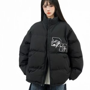 Unisex Thick Cotton Bread Jacket with National Trend Letter Embroidery - Loose Fit Winter Coat for Couples