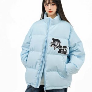 Unisex Thick Cotton Bread Jacket with National Trend Letter Embroidery - Loose Fit Winter Coat for Couples